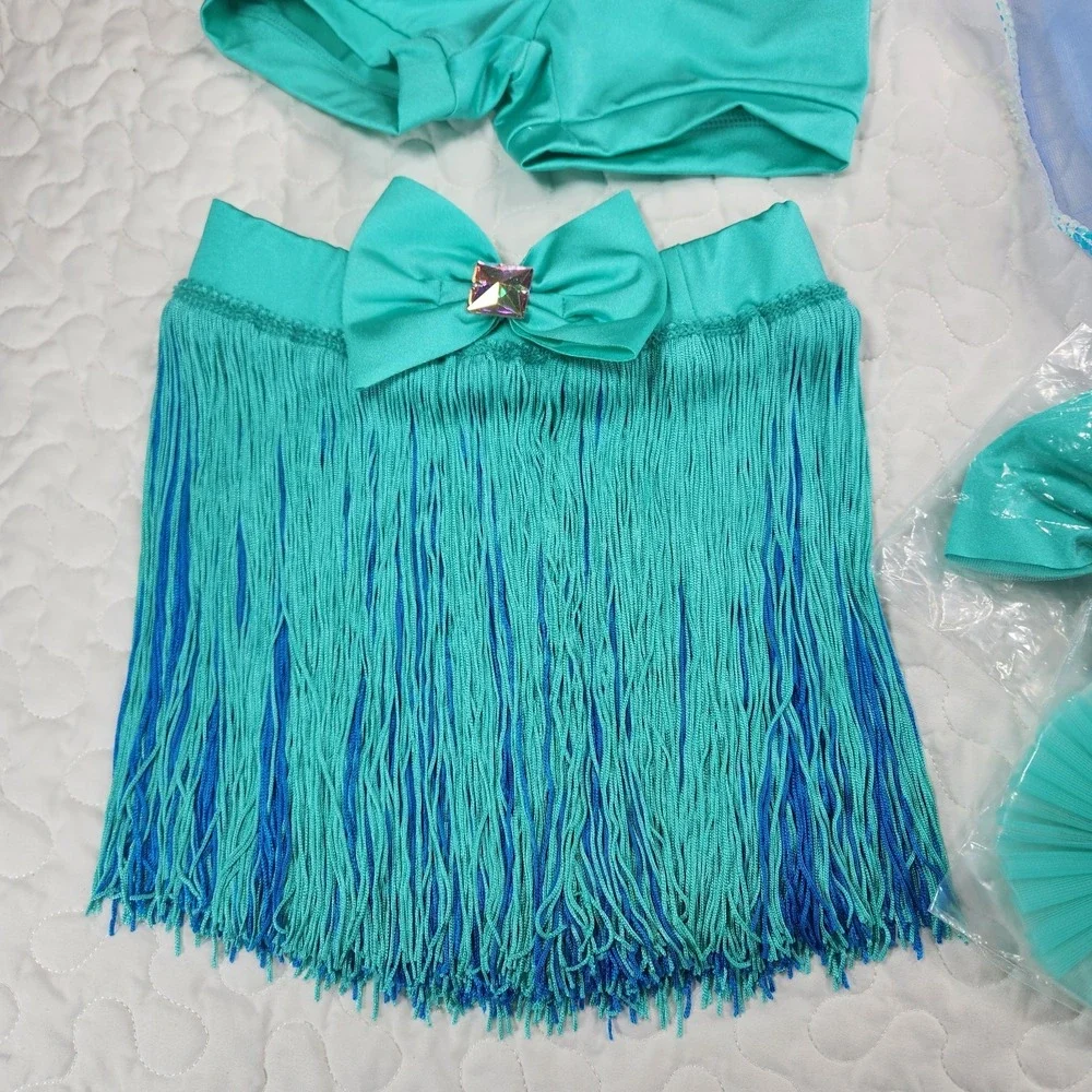 XSC Girls Weissman Dance Costume SET Teal Blue Fringe Tutu Leotard NEW $90
